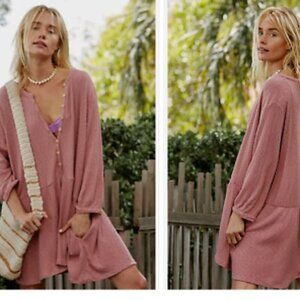 Free People‎ Beach Pink Ribbed Blossom Button Down T Shirt Dress
